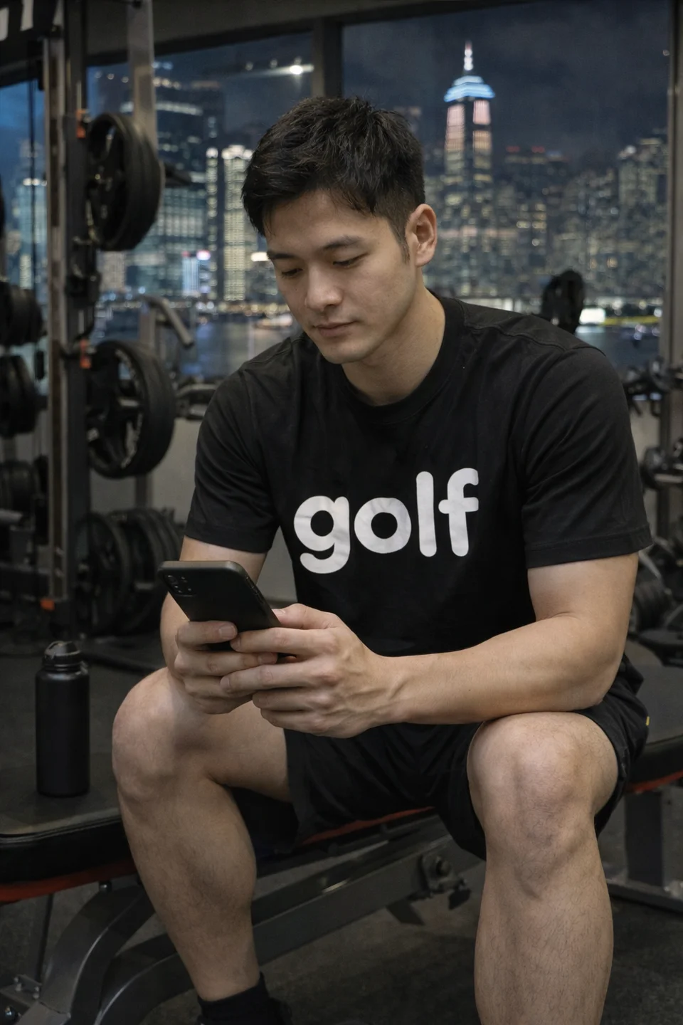 Hong Kong Indoor Golf League player in front of the Hong Kong skyline